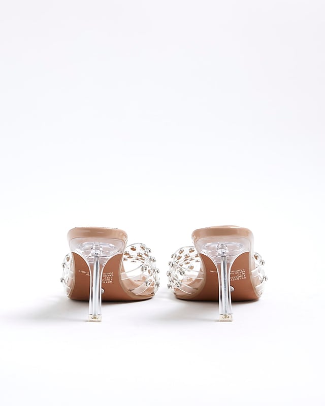 Perspex, Caged design, Skinny heel, Round open toe, Diamante embellished, Slip on, Heel height: 10cm