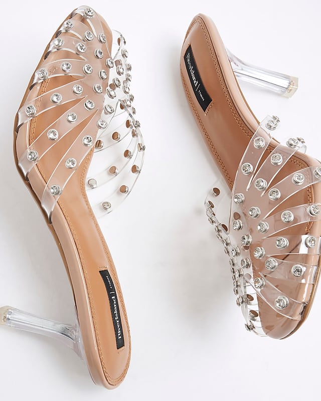 Perspex, Caged design, Skinny heel, Round open toe, Diamante embellished, Slip on, Heel height: 10cm