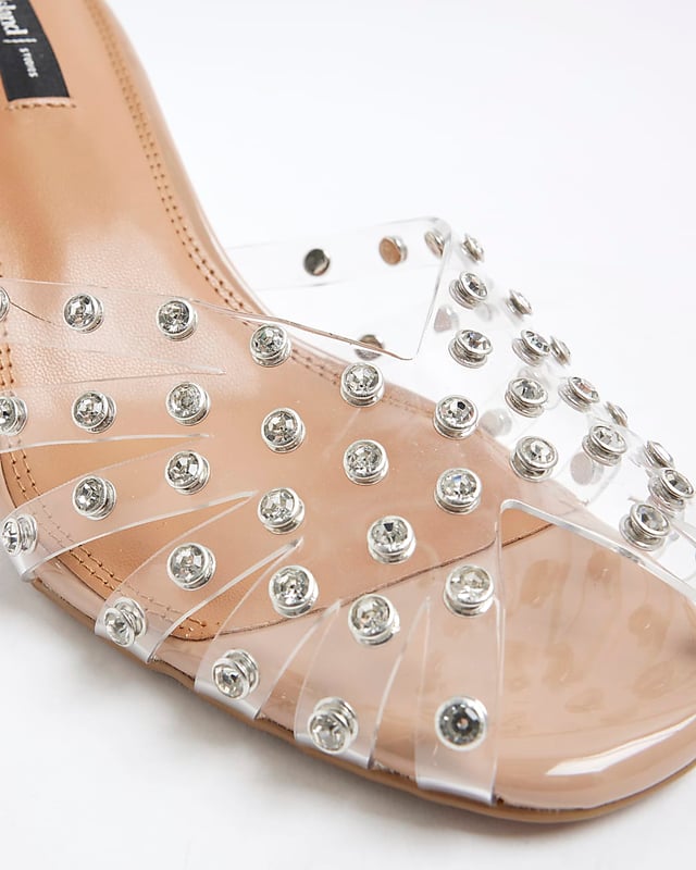 Perspex, Caged design, Skinny heel, Round open toe, Diamante embellished, Slip on, Heel height: 10cm