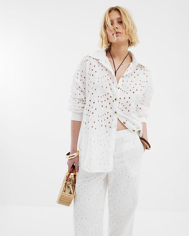 Broderie detail fabric, Oversized fit, Collared, Long sleeves, Button fastening