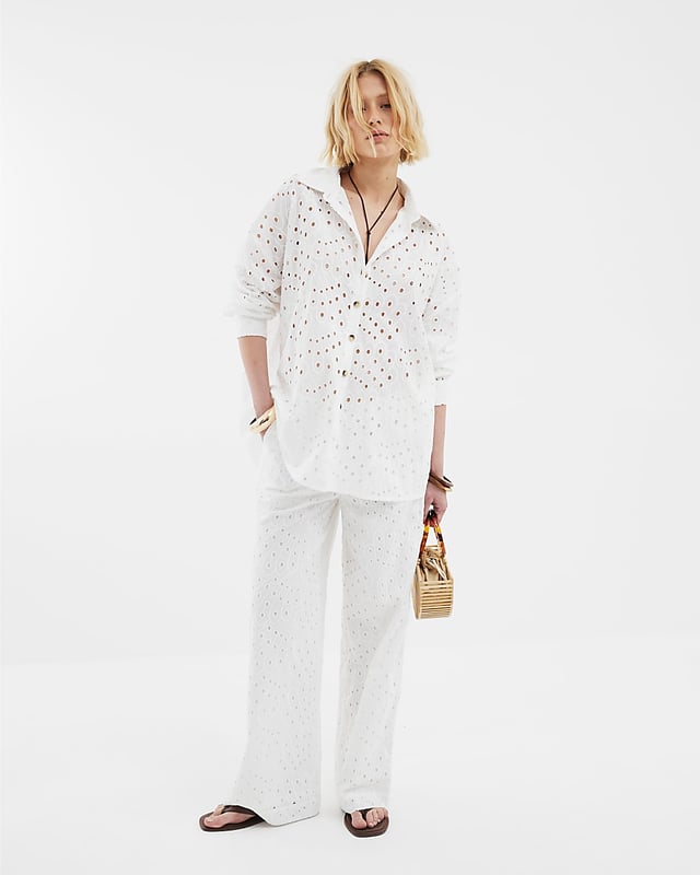 Broderie detail fabric, Oversized fit, Collared, Long sleeves, Button fastening