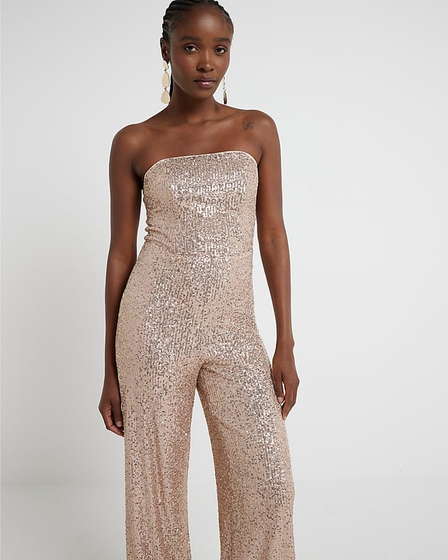 Sequin fabric, Bandeau neckline, Sleeveless, Wide leg, Zip fastening