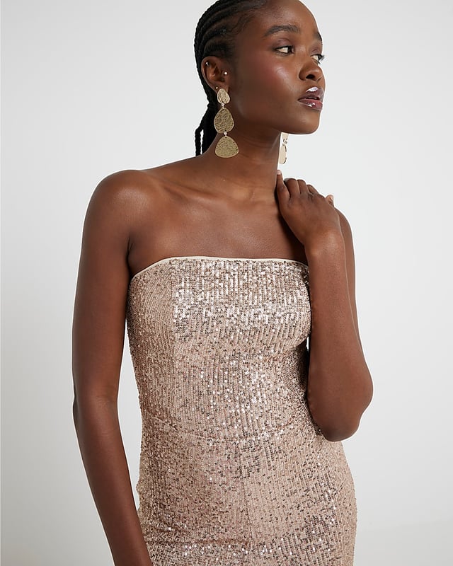 Sequin fabric, Bandeau neckline, Sleeveless, Wide leg, Zip fastening