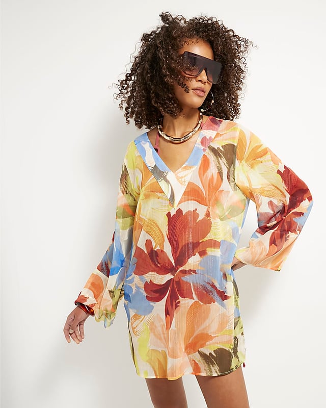 Abstract print, V-neck, Long sleeves, Tie fastening, Mini length