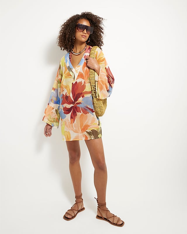 Abstract print, V-neck, Long sleeves, Tie fastening, Mini length