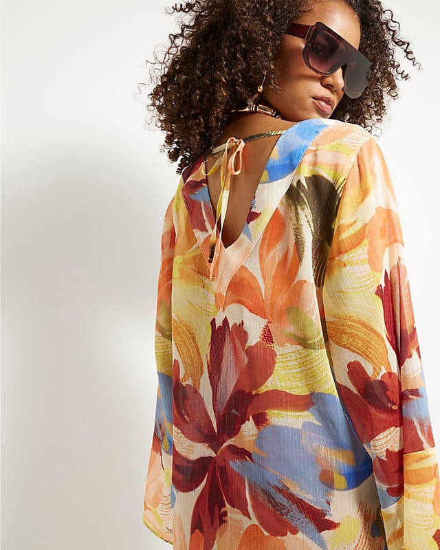 Abstract print, V-neck, Long sleeves, Tie fastening, Mini length