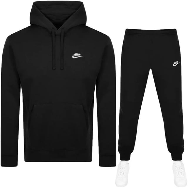Nike Black Club Hooded Fleece Tracksuit Upgrade your off-duty style with the Nike Black Club Hooded Tracksuit. Crafted from soft, brushed-back fleece for all-day comfort, this matching set includes a classic pullover hoodie with an adjustable drawstring and a front kangaroo pocket, paired with tapered joggers featuring an elastic waistband and ribbed cuffs for a snug fit. Finished with the iconic Nike Swoosh on both pieces, it’s the perfect blend of sporty style and everyday comfort.