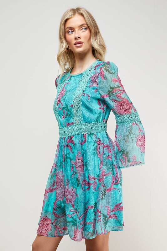 Prom Fluted Lace Trim Fluted Sleeve Mini Prom Dress