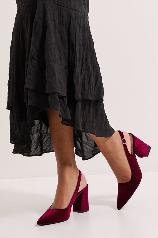 Ellens Velvet Pointed High Block Heel Slingback Court Shoes