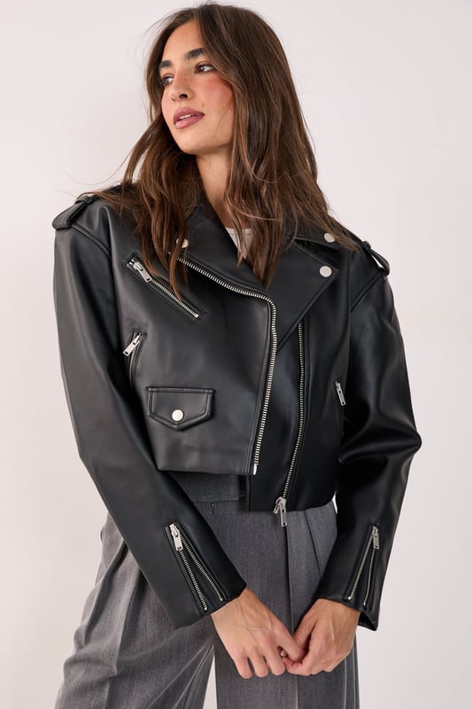 Essentials Cropped Faux Leather Boxy Biker