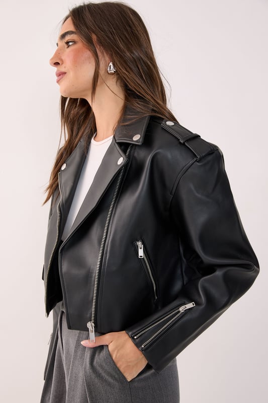 Essentials Cropped Faux Leather Boxy Biker
