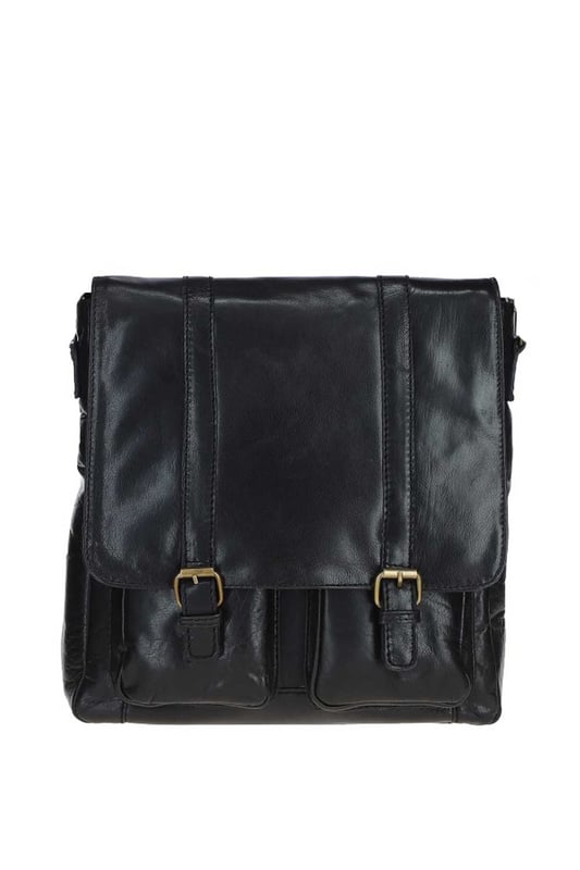This premium leather messenger bag features brass hardware, a spacious main compartment, two front buckle pockets, and a back zip pocket for easy access. Inside, it offers two pockets and a compartment for organisation, along with an adjustable shoulder strap and fully lined branded interior. Dimensions: (L) 32 cm x (W) 11 cm x (H) 33 cm.