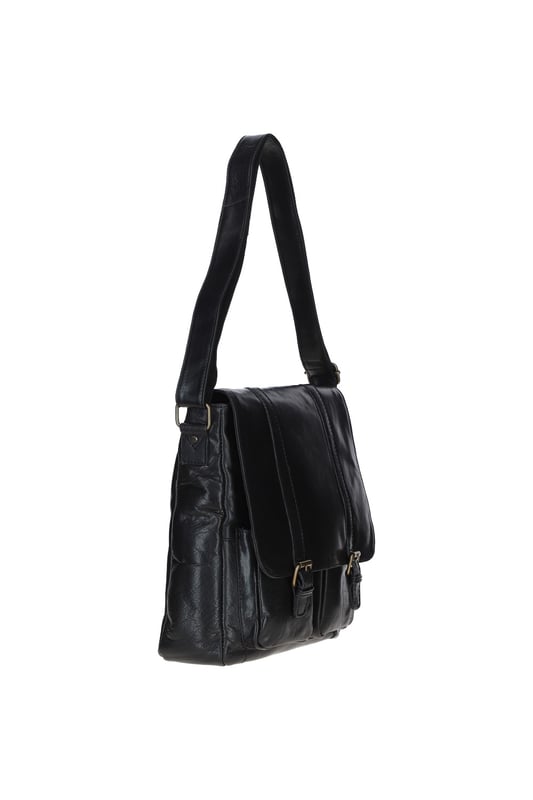 This premium leather messenger bag features brass hardware, a spacious main compartment, two front buckle pockets, and a back zip pocket for easy access. Inside, it offers two pockets and a compartment for organisation, along with an adjustable shoulder strap and fully lined branded interior. Dimensions: (L) 32 cm x (W) 11 cm x (H) 33 cm.