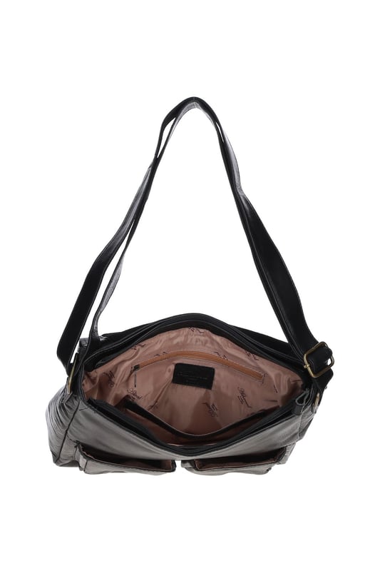 This premium leather messenger bag features brass hardware, a spacious main compartment, two front buckle pockets, and a back zip pocket for easy access. Inside, it offers two pockets and a compartment for organisation, along with an adjustable shoulder strap and fully lined branded interior. Dimensions: (L) 32 cm x (W) 11 cm x (H) 33 cm.