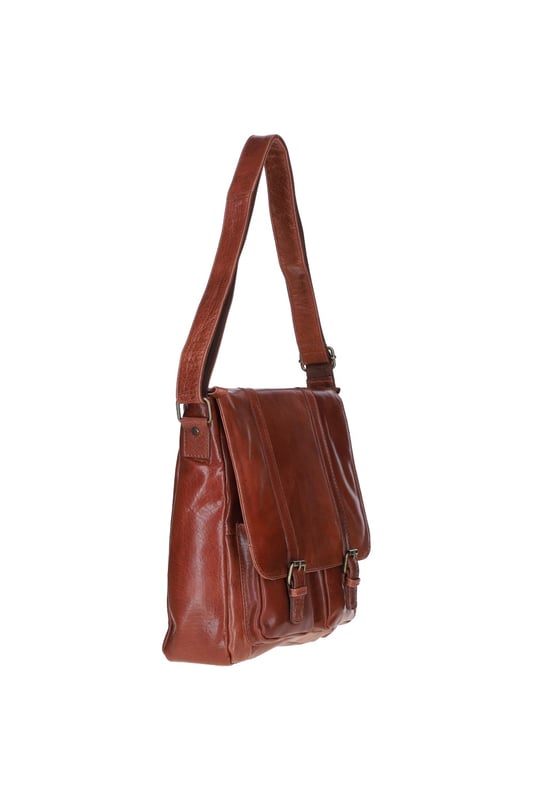 This premium leather messenger bag features brass hardware, a spacious main compartment, two front buckle pockets, and a back zip pocket for easy access. Inside, it offers two pockets and a compartment for organisation, along with an adjustable shoulder strap and fully lined branded interior. Dimensions: (L) 32 cm x (W) 11 cm x (H) 33 cm.