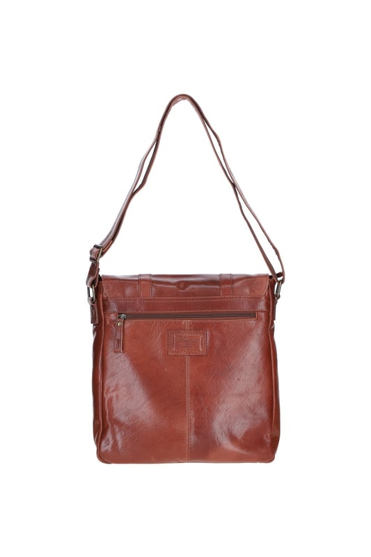 This premium leather messenger bag features brass hardware, a spacious main compartment, two front buckle pockets, and a back zip pocket for easy access. Inside, it offers two pockets and a compartment for organisation, along with an adjustable shoulder strap and fully lined branded interior. Dimensions: (L) 32 cm x (W) 11 cm x (H) 33 cm.