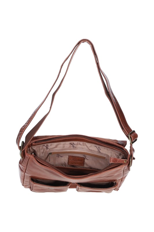 This premium leather messenger bag features brass hardware, a spacious main compartment, two front buckle pockets, and a back zip pocket for easy access. Inside, it offers two pockets and a compartment for organisation, along with an adjustable shoulder strap and fully lined branded interior. Dimensions: (L) 32 cm x (W) 11 cm x (H) 33 cm.
