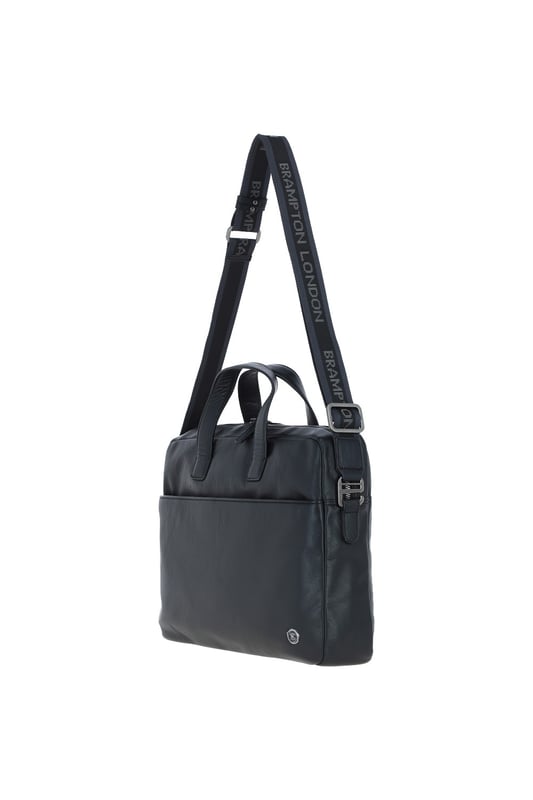 The Brampton Leather Laptop Bag combines style and functionality, crafted from 100% genuine leather for modern professionals. It features a padded laptop compartment, two external zip pockets, an external slip-in pocket, seven internal slip-in pockets, and an internal zip pocket for valuables. Equipped with a sturdy top handle and adjustable shoulder strap, this sleek and durable bag is perfect for commuting and business travel, gaining character with use. Dimensions: (L) 39.5 cm x (H) 30 cm x (W) 8.5 cm, with a strap length of 63.5 cm (longest) and 36 cm (shortest).