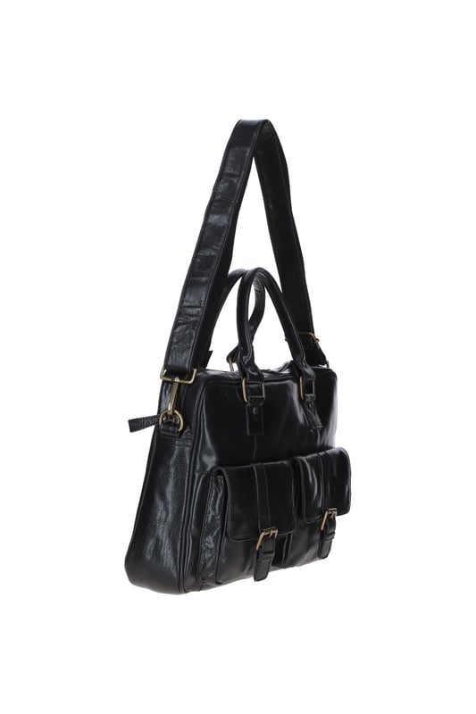 This premium leather laptop bag combines style and functionality, featuring a spacious main compartment, two front buckle pockets for organisation, and sturdy handles with brass hardware. It includes an adjustable, detachable shoulder strap and a fully lined branded interior. Dimensions: (L) 41 cm x (W) 11 cm x (H) 31 cm with a 30 cm shoulder strap drop length.
