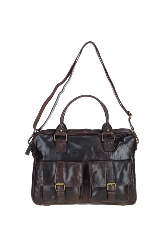 This premium leather laptop bag combines style and functionality, featuring a spacious main compartment, two front buckle pockets for organisation, and sturdy handles with brass hardware. It includes an adjustable, detachable shoulder strap and a fully lined branded interior. Dimensions: (L) 41 cm x (W) 11 cm x (H) 31 cm with a 30 cm shoulder strap drop length.