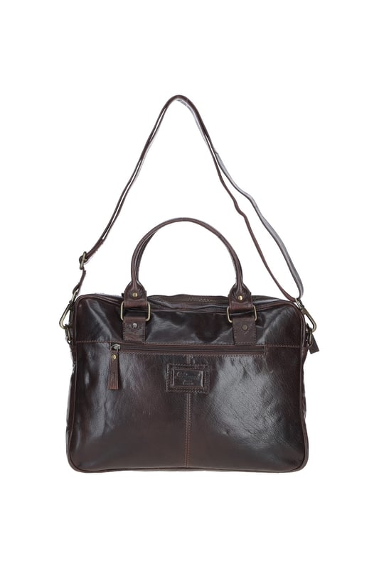 This premium leather laptop bag combines style and functionality, featuring a spacious main compartment, two front buckle pockets for organisation, and sturdy handles with brass hardware. It includes an adjustable, detachable shoulder strap and a fully lined branded interior. Dimensions: (L) 41 cm x (W) 11 cm x (H) 31 cm with a 30 cm shoulder strap drop length.