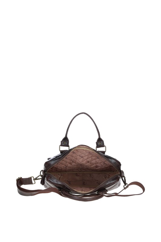 This premium leather laptop bag combines style and functionality, featuring a spacious main compartment, two front buckle pockets for organisation, and sturdy handles with brass hardware. It includes an adjustable, detachable shoulder strap and a fully lined branded interior. Dimensions: (L) 41 cm x (W) 11 cm x (H) 31 cm with a 30 cm shoulder strap drop length.