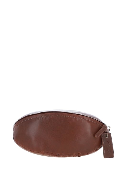 Add a touch of character to your travel kit with this unique rugby ball-shaped leather washbag. Crafted in smooth leather with hand-stitched detail and gold-coloured hardware, it combines eye-catching design with practical function. Despite its compact size, it offers a spacious main compartment with a secure zip closure—perfect for storing toiletries and grooming essentials. Ideal for stylish travellers or as a thoughtful gift for sports enthusiasts. Dimensions: (L) 29 cm x (W) 12 cm x (H) 12 cm.