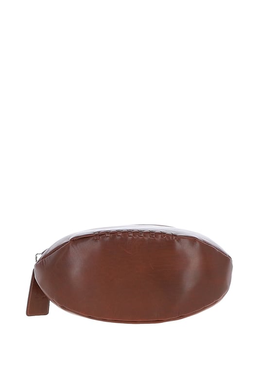 Add a touch of character to your travel kit with this unique rugby ball-shaped leather washbag. Crafted in smooth leather with hand-stitched detail and gold-coloured hardware, it combines eye-catching design with practical function. Despite its compact size, it offers a spacious main compartment with a secure zip closure—perfect for storing toiletries and grooming essentials. Ideal for stylish travellers or as a thoughtful gift for sports enthusiasts. Dimensions: (L) 29 cm x (W) 12 cm x (H) 12 cm.