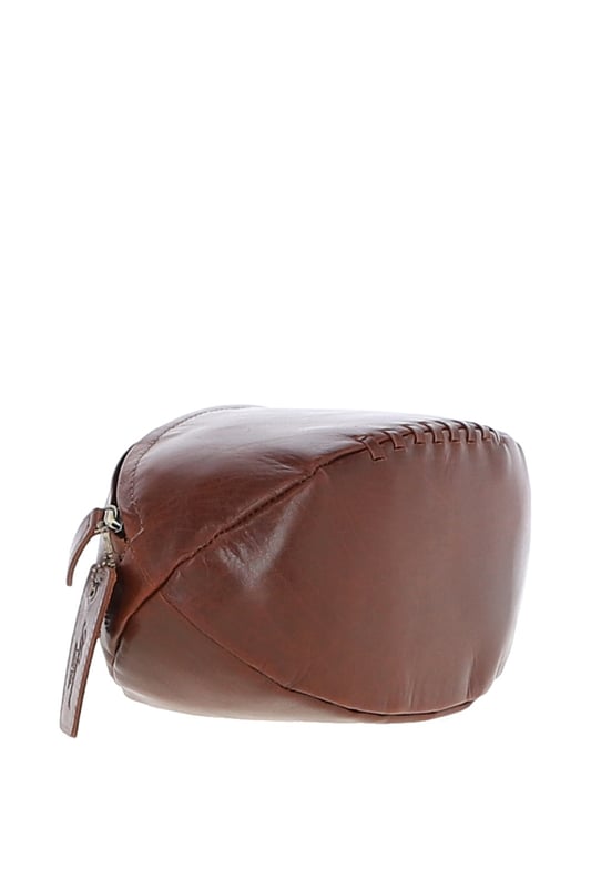 Add a touch of character to your travel kit with this unique rugby ball-shaped leather washbag. Crafted in smooth leather with hand-stitched detail and gold-coloured hardware, it combines eye-catching design with practical function. Despite its compact size, it offers a spacious main compartment with a secure zip closure—perfect for storing toiletries and grooming essentials. Ideal for stylish travellers or as a thoughtful gift for sports enthusiasts. Dimensions: (L) 29 cm x (W) 12 cm x (H) 12 cm.