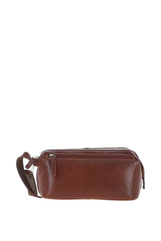 Crafted from rugged, full-grain leather, this vintage-style washbag features a spacious main compartment with a zip closure, 1 outer zip pocket for easy-access items, and 3 internal pockets to keep toiletries neatly organized. Its distressed finish adds a timeless, masculine edge, while gold-coloured hardware enhances the classic design. Dimensions: 26 cm (L) x 12 cm (W) x 13 cm (H).