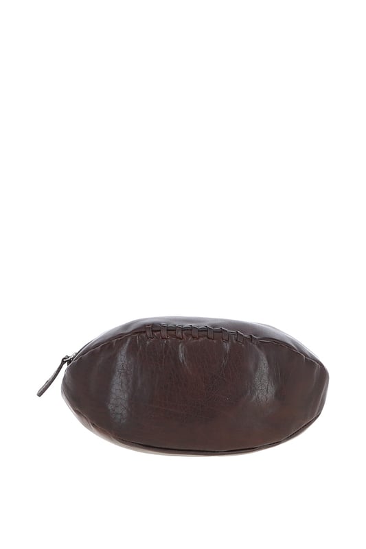 Add a touch of character to your travel kit with this unique rugby ball-shaped leather washbag. Crafted in smooth leather with hand-stitched detail and gold-coloured hardware, it combines eye-catching design with practical function. Despite its compact size, it offers a spacious main compartment with a secure zip closure—perfect for storing toiletries and grooming essentials. Ideal for stylish travellers or as a thoughtful gift for sports enthusiasts. Dimensions: (L) 29 cm x (W) 12 cm x (H) 12 cm.
