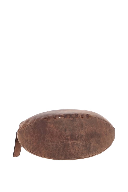Add a touch of character to your travel kit with this unique rugby ball-shaped leather washbag. Crafted in smooth leather with hand-stitched detail and gold-coloured hardware, it combines eye-catching design with practical function. Despite its compact size, it offers a spacious main compartment with a secure zip closure—perfect for storing toiletries and grooming essentials. Ideal for stylish travellers or as a thoughtful gift for sports enthusiasts. Dimensions: (L) 29 cm x (W) 12 cm x (H) 12 cm.