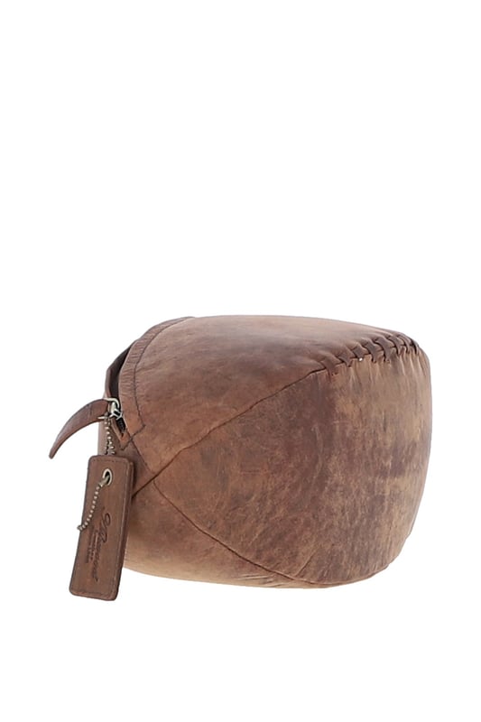 Add a touch of character to your travel kit with this unique rugby ball-shaped leather washbag. Crafted in smooth leather with hand-stitched detail and gold-coloured hardware, it combines eye-catching design with practical function. Despite its compact size, it offers a spacious main compartment with a secure zip closure—perfect for storing toiletries and grooming essentials. Ideal for stylish travellers or as a thoughtful gift for sports enthusiasts. Dimensions: (L) 29 cm x (W) 12 cm x (H) 12 cm.