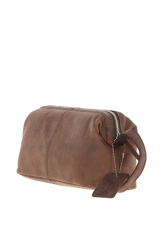 Crafted from rugged, full-grain leather, this vintage-style washbag features a spacious main compartment with a zip closure, 1 outer zip pocket for easy-access items, and 3 internal pockets to keep toiletries neatly organized. Its distressed finish adds a timeless, masculine edge, while gold-coloured hardware enhances the classic design. Dimensions: 26 cm (L) x 12 cm (W) x 13 cm (H).