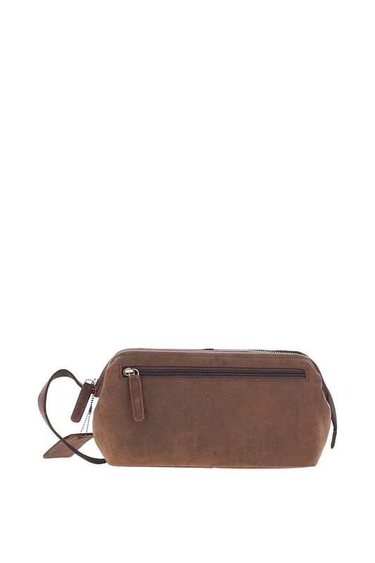 Crafted from rugged, full-grain leather, this vintage-style washbag features a spacious main compartment with a zip closure, 1 outer zip pocket for easy-access items, and 3 internal pockets to keep toiletries neatly organized. Its distressed finish adds a timeless, masculine edge, while gold-coloured hardware enhances the classic design. Dimensions: 26 cm (L) x 12 cm (W) x 13 cm (H).