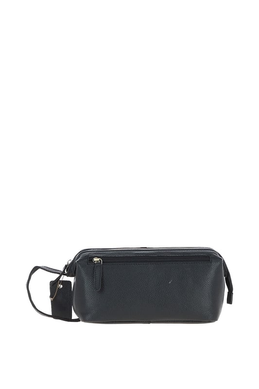 Crafted from rugged, full-grain leather, this vintage-style washbag features a spacious main compartment with a zip closure, 1 outer zip pocket for easy-access items, and 3 internal pockets to keep toiletries neatly organized. Its distressed finish adds a timeless, masculine edge, while gold-coloured hardware enhances the classic design. Dimensions: 26 cm (L) x 12 cm (W) x 13 cm (H).