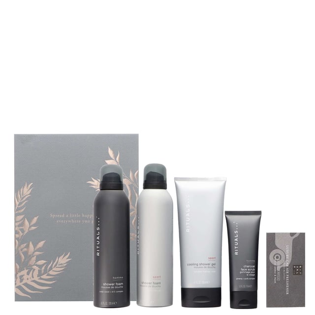 Discover the Rituals Homme Large Gift Set, a perfect grooming collection designed for the modern man. This luxurious set includes:

- Rituals Homme Shower Foam (200ml)
- Rituals Homme Sport Shower Foam (200ml)
- Rituals Homme Sport Cooling Shower Gel (200ml)
- Rituals Homme Charcoal Face Scrub (70ml)
- Rituals Homme Car Air Freshener (2 x 3g)

Transform your shower routine with rich foams infused with amber and musk, deeply nourishing your skin. The cooling shower gel purifies with activated charcoal, while the face scrub revitalizes and exfoliates. Complete the experience with a sophisticated car air freshener that offers a distinctly masculine scent. Ideal for gifting or personal indulgence, elevate your daily routine with this essential grooming set.