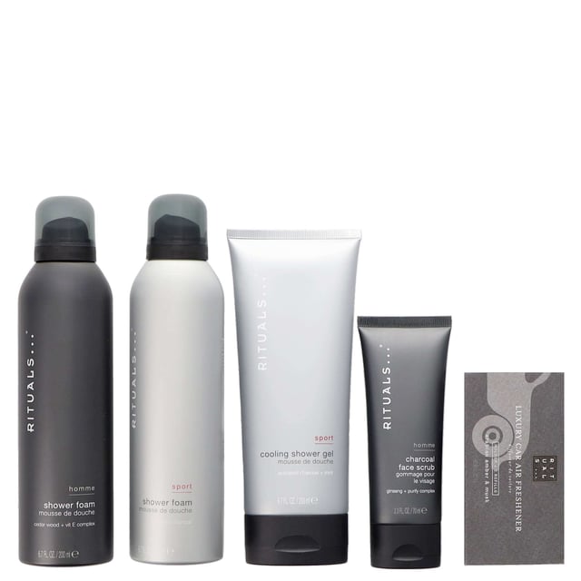 Discover the Rituals Homme Large Gift Set, a perfect grooming collection designed for the modern man. This luxurious set includes:

- Rituals Homme Shower Foam (200ml)
- Rituals Homme Sport Shower Foam (200ml)
- Rituals Homme Sport Cooling Shower Gel (200ml)
- Rituals Homme Charcoal Face Scrub (70ml)
- Rituals Homme Car Air Freshener (2 x 3g)

Transform your shower routine with rich foams infused with amber and musk, deeply nourishing your skin. The cooling shower gel purifies with activated charcoal, while the face scrub revitalizes and exfoliates. Complete the experience with a sophisticated car air freshener that offers a distinctly masculine scent. Ideal for gifting or personal indulgence, elevate your daily routine with this essential grooming set.