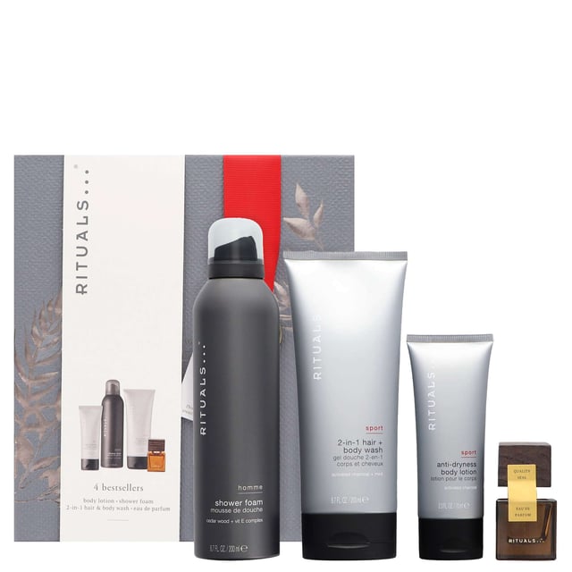 Discover the Rituals Homme Medium Gift Set, a luxurious collection designed for the modern man. This set includes: 200ml Rituals Homme Foaming Shower Gel for a refreshing cleanse, 200ml Rituals Homme 2 in 1 Shampoo & Body Wash for a revitalising wash, 70ml Rituals Sport Anti-Dryness Lotion to combat dry skin, and 15ml Rituals Homme L'Essentiel Eau de Parfum Spray with a captivating blend of cardamom, patchouli, and sandalwood. Perfect for daily use or as a thoughtful gift.