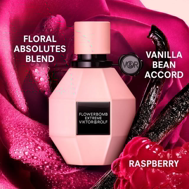 Experience the bold allure of Viktor&Rolf Flowerbomb Extreme Eau de Parfum Intense, a captivating fragrance for women that redefines luxury. This powerful scent opens with juicy raspberry notes, leading to a rich bouquet of Jasmine, Rose Absolute, and Orange Blossom. The base features an intoxicating vanilla bean extract that creates an ultra-addictive aura, leaving a lasting impression. Housed in a stunning matte pink diamond-shaped bottle with a striking black seal, this fragrance is the ultimate expression of femininity and sophistication. Perfect for those who dare to make a statement.