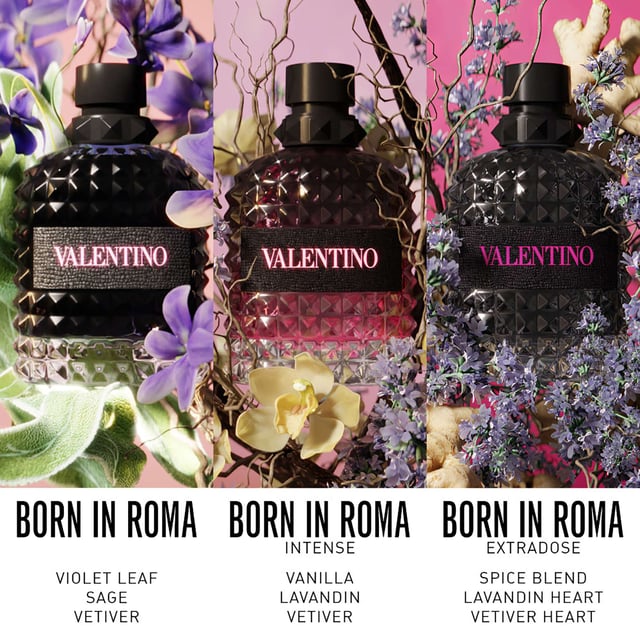 Experience the allure of Valentino Born In Roma Uomo Intense Eau de Parfum, a captivating ambery fougère fragrance for the modern man. This scent blends rich lavandin and smooth vanilla, creating a hypnotic aura that embodies Rome's vibrant spirit. Perfect for unforgettable nights, it features top notes of mandarin, ginger, and bergamot, a heart of nutmeg and lavandin, and a base of smoky vetiver. Housed in a studded bottle, this fragrance represents Valentino's couture elegance and is ideal for both day and night, making it a must-have in any fragrance collection.