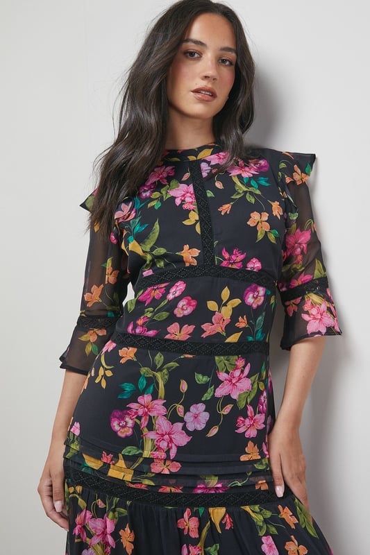 Chiffon Lace Insert Midi Dress