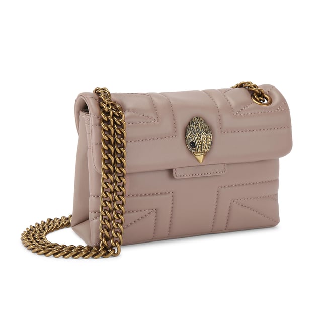The Mini Kensington is crafted from a beige leather with stitching detail creating the Union Jack. The gold brass eagle head features crystals and crystal eyes on the front flap. 14cm (H), 20cm (L), 6cm (D). Strap drop cross body: 120cm. Strap drop shoulder: 70cm.