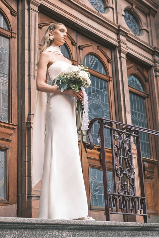 Satin Fishtail Wedding Dress with Drape Scarf