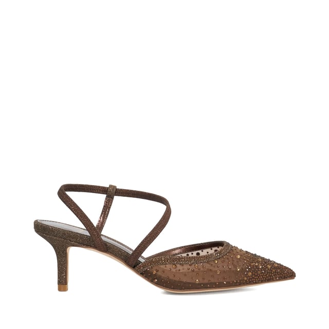 Dune Ladies Chasing - Pointed Toe Kitten Heel Court Shoes Step into subtle glamour with Chasing, a refined kitten heel that brings elegance with ease. Crafted from soft leather and finished in a shimmering fabric, this sleek style features a pointed toe and an asymmetric elasticated strap that gracefully curves around the ankle for a secure and flattering fit. Perfect for both occasion dressing and elevated everyday wear, Chasing adds a polished, contemporary touch to every step.