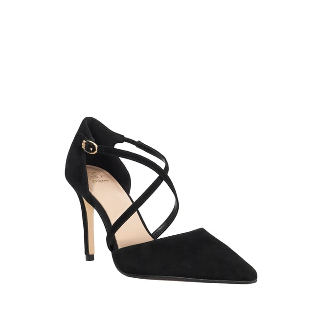 Dune Ladies Corneti - Suede Cross Over Strap Court Shoes Step out in sophistication with Corneti, our suede high heel court shoe. Designed with elegant cross-over straps that fasten securely with a branded buckle, this pointed-toe silhouette brings a refined finish to occasion and evening looks alike.