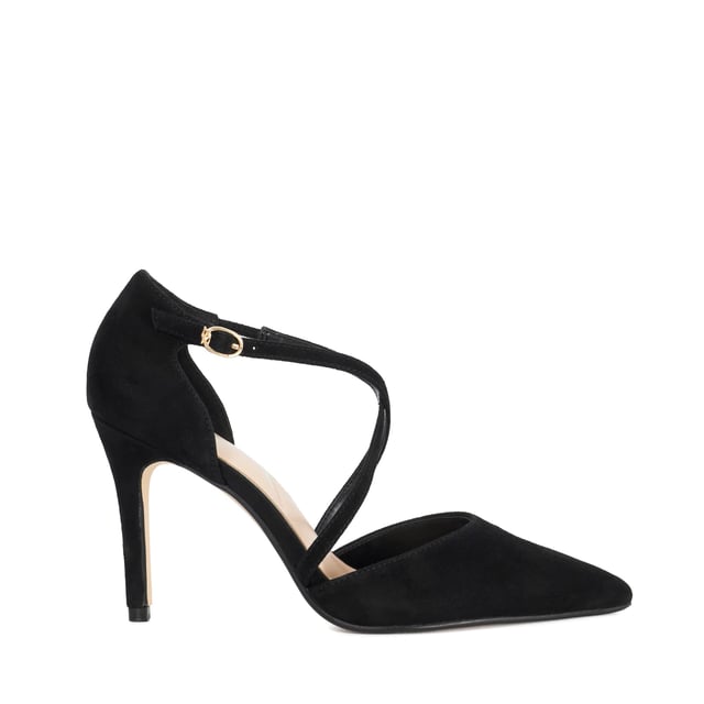 Dune Ladies Corneti - Suede Cross Over Strap Court Shoes Step out in sophistication with Corneti, our suede high heel court shoe. Designed with elegant cross-over straps that fasten securely with a branded buckle, this pointed-toe silhouette brings a refined finish to occasion and evening looks alike.