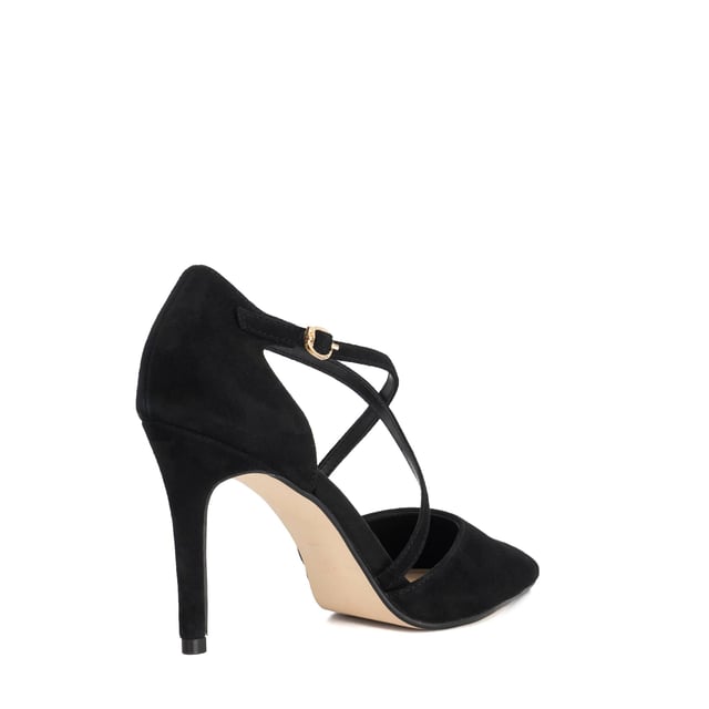 Dune Ladies Corneti - Suede Cross Over Strap Court Shoes Step out in sophistication with Corneti, our suede high heel court shoe. Designed with elegant cross-over straps that fasten securely with a branded buckle, this pointed-toe silhouette brings a refined finish to occasion and evening looks alike.