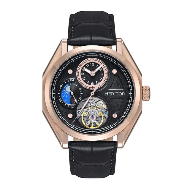 Heritor Automatic Antoni Leather-Band Watch 316L Stainless Steel Case,316L Stainless Steel Viewable Exhibition Case Back,Brass Luminous Hands,24 Hour Hand,Stainless Steel Crown w/ Etched Logo,Genuine Leather Band,Stainless Steel Logo Engraved Buckle,Sapphire Coated Mineral Crystal,Imported 22 Jeweled Automatic Movement,Case Diameter 43mm w/ Crown 48mm,Case Thickness 13mm,Band Width 22mm,5 ATM Water Resistant