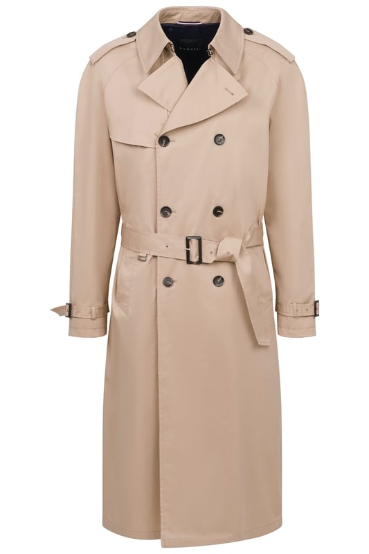 Der bugatti Trenchcoat kombiniert stilvolle Eleganz mit modernem Komfort. Der zweireihige Schnitt, der Bindegurt und die Schulter- sowie Armriegel verleihen Dir einen zeitlosen Look, während die Stretchbaumwolle für maximale Bewegungsfreiheit sorgt. Perfekt für anspruchsvolle Männer, die Wert auf Qualität und Stil legen.